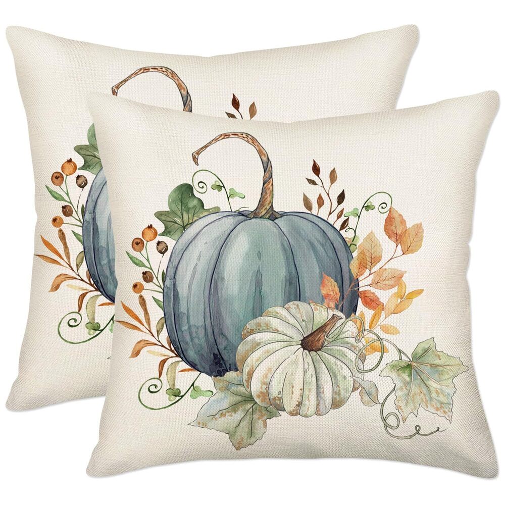 8882 Blue Fall Pillow Covers 18x18 Inch Set of 2 Blue and White Pumpkins